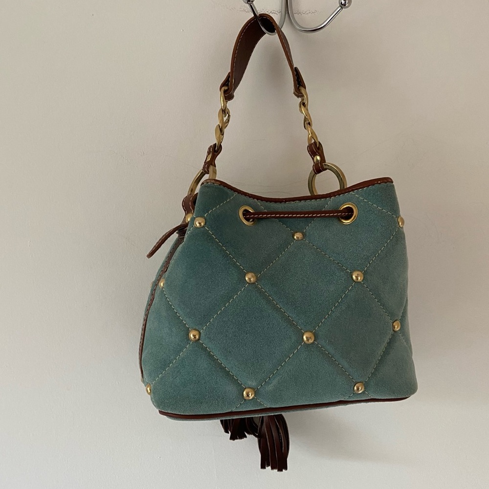 Claudia Firenze Quilted Drawstring
Nubuck Leather Handbag Studded
Bucket Bag - Picture 3 of 16